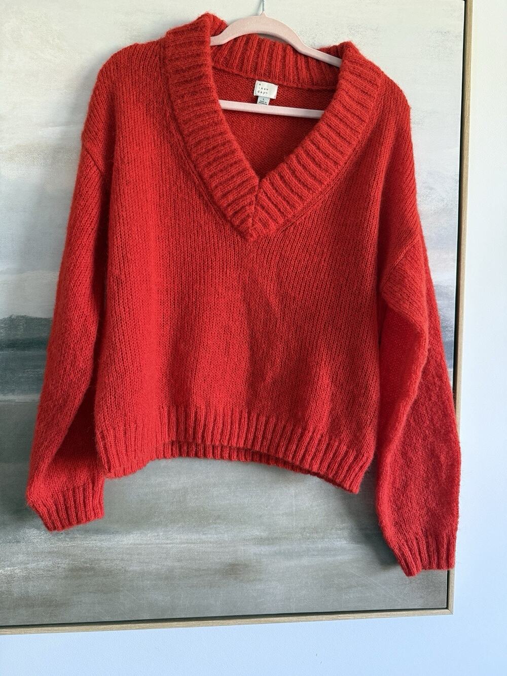 A New Day Women’s Size Large Orange Sweater Soft Long Sleeve Fuzzy V Neck